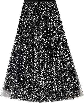 Women Tutu Tulle Skirt Elastic High Waist Layered Floral Print Skirt Mesh A-Line Midi Skirt | Amazon (US)
