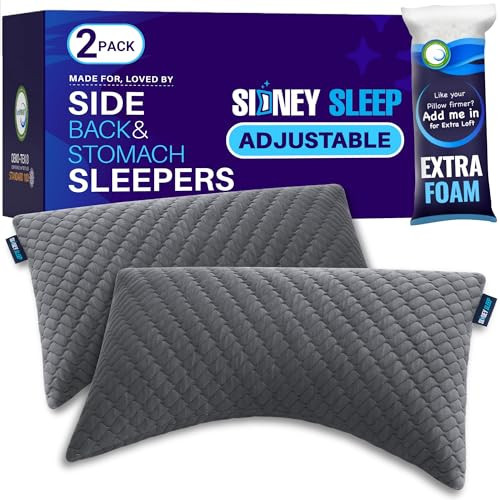 Sidney Sleep Set of 2 Queen Size Bed Pillows for Side and Back Sleepers - Adjustable Filling - Memory Foam Pillows for Neck and Shoulder Pain - Customizable Loft - Extra Foam Included (Grey) | Amazon (US)