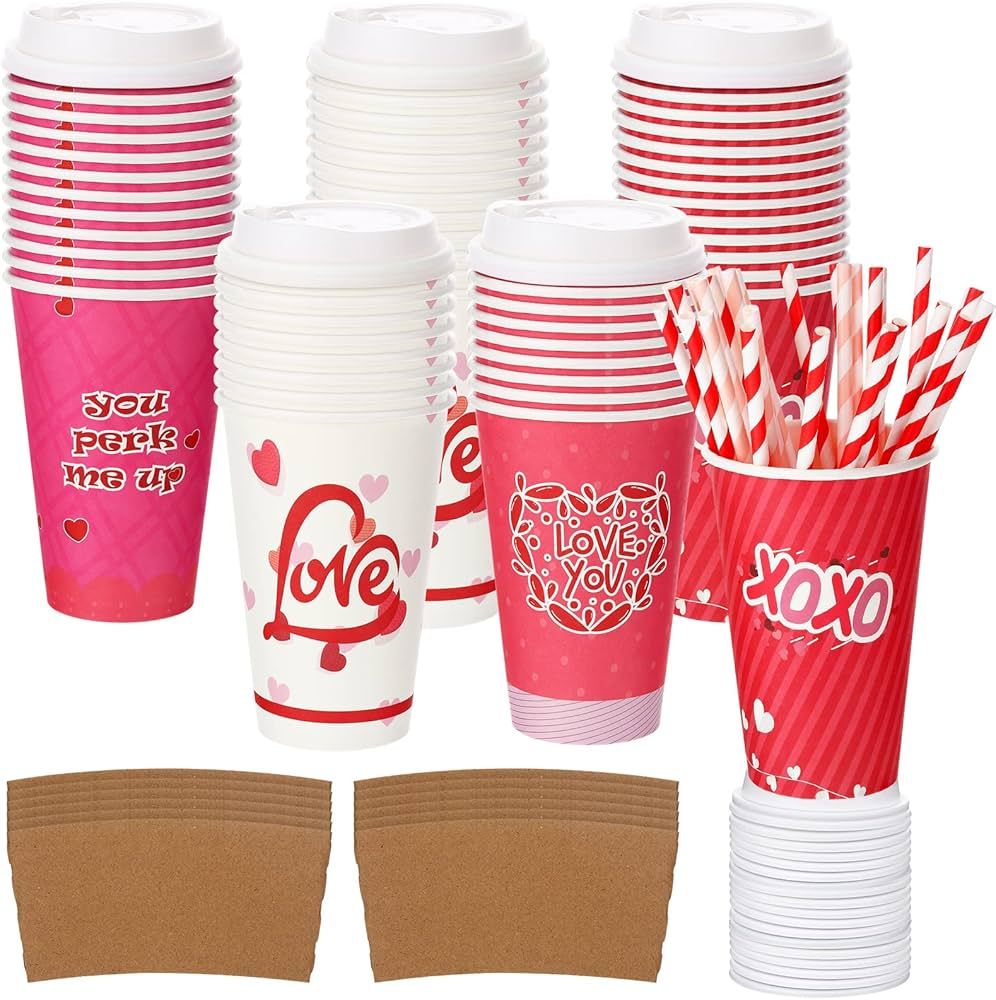 60 Pack Valentine's Day Paper Coffee Cup with Lids and Straws Disposable Paper Hot Chocolate Coco... | Amazon (US)