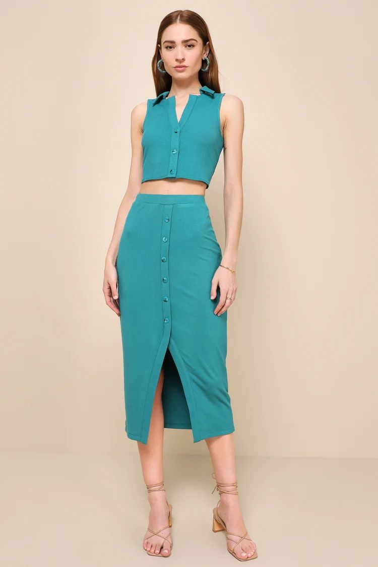 Casual Poise Teal Green Ribbed Two-Piece Sleeveless Midi Dress | Lulus