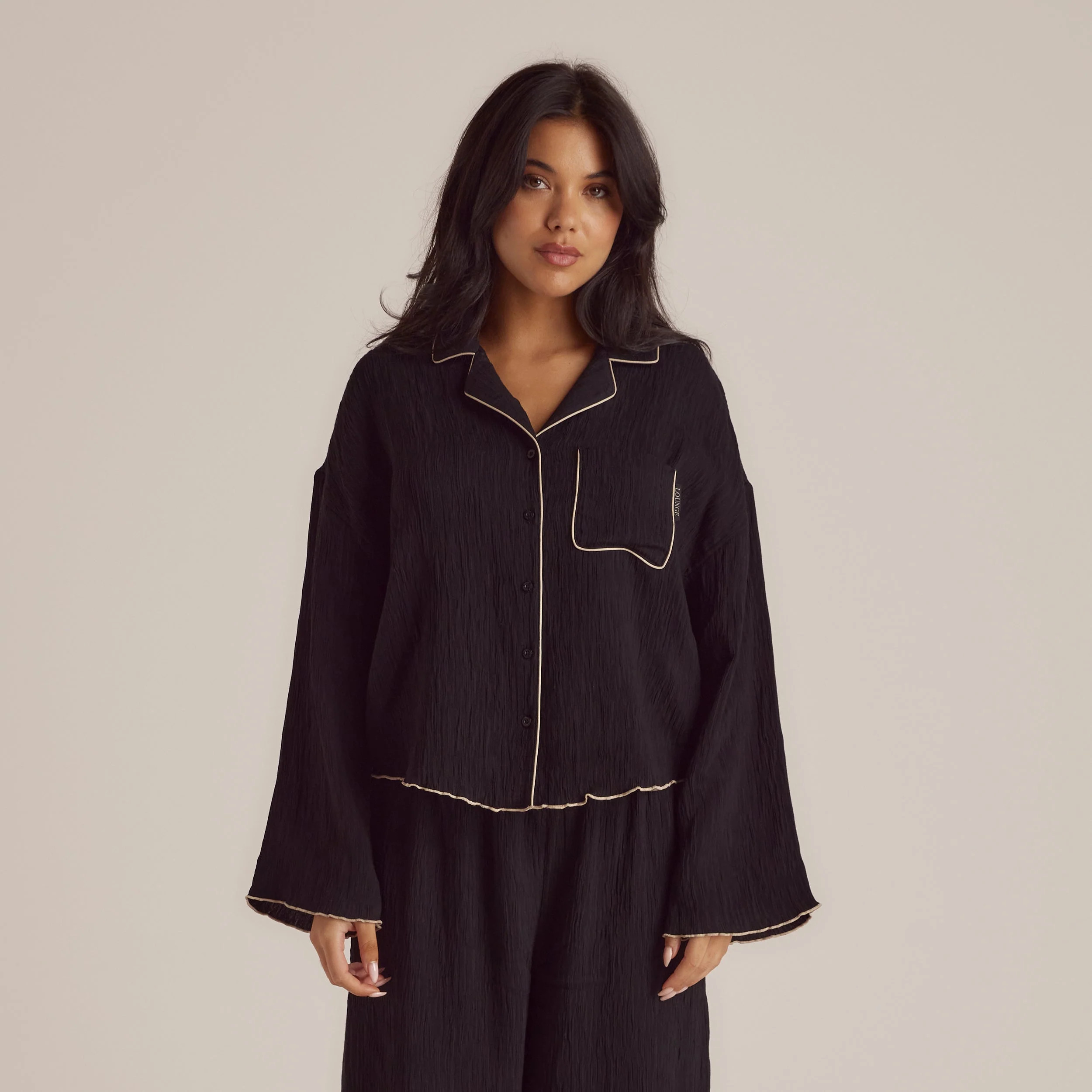 Crinkle Pyjama Shirt - Black | Lounge UK