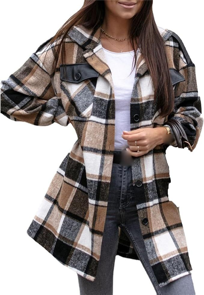 SaoJeYi-DG Women's Plaid Shacket Long Sleeve Button Up Flannel Shirt Fall Collared Jackets Coats | Amazon (US)