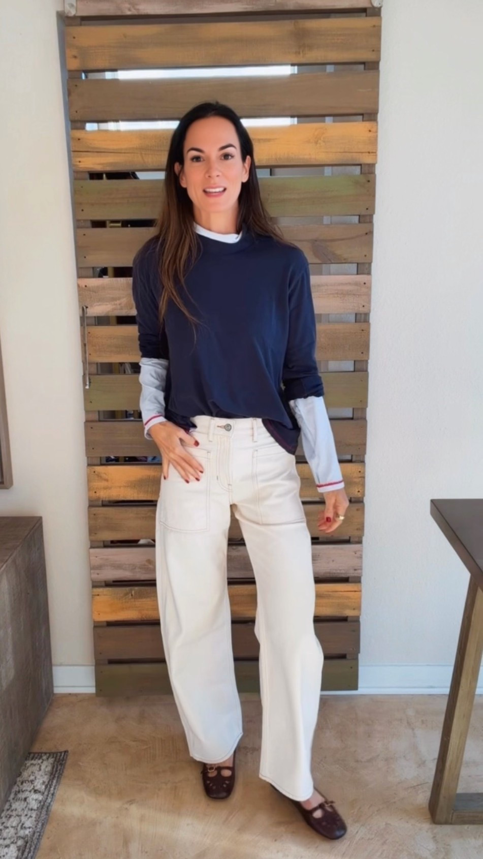 My J.Crew fall edit 🤎 Cream wide-leg jeans styled with navy tops, easy layers, a contrast-collar barn jacket, and cutout flats. A red bag brings it all together. Wear the lighter look now and add the jacket when the weather cooperates!

#LTKStyleTip #LTKSeasonal