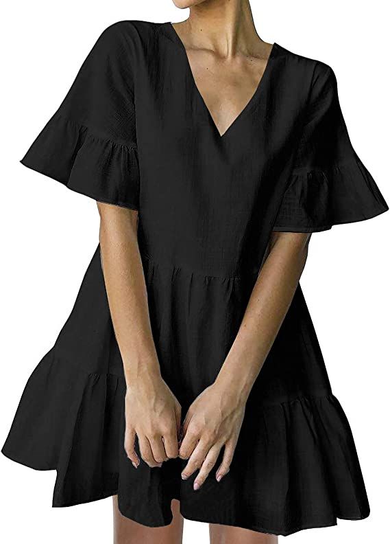 FANCYINN Women’s Cute Shift Dress with Pockets Fully Lined Bell Sleeve Ruffle Hem V Neck Loose ... | Amazon (US)