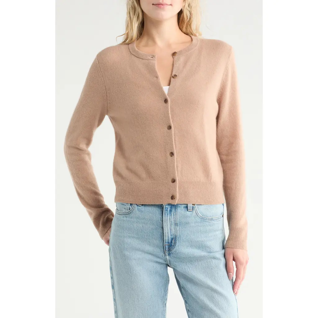 Nordstrom Crewneck Cashmere Cardigan in Camel at Nordstrom Rack, Size X-Large | Nordstrom Rack