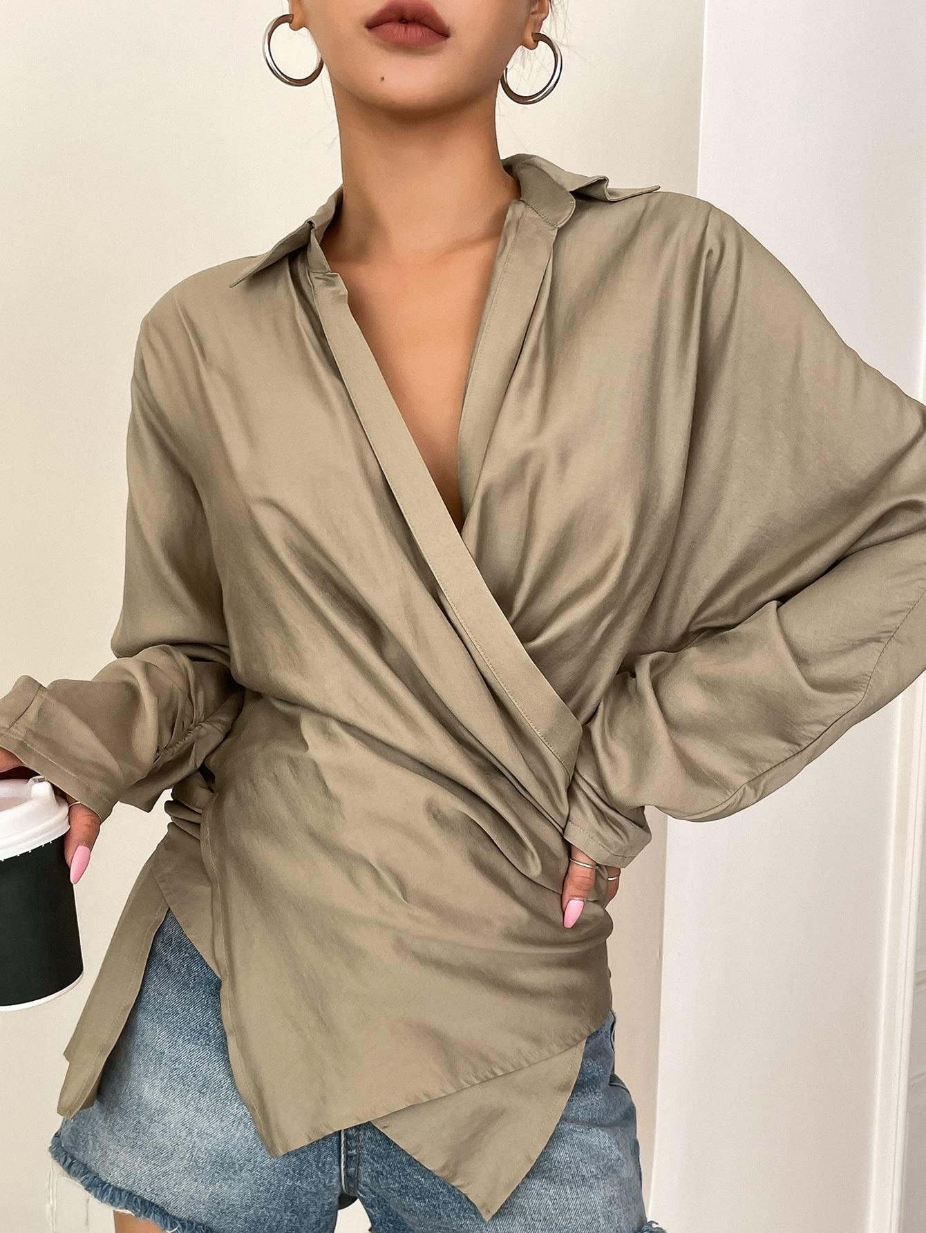 Womens Tee Shirt Long Sleeve Asymmetrical Hem Batwing Sleeve Ruched Wrap Blouse Casual Blouses | Amazon (US)