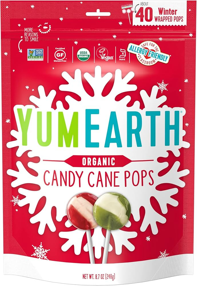 YumEarth Holiday Organic Candy Cane Pops, 40 Winter Wrapped Pops, Allergy Friendly, Gluten Free, ... | Amazon (US)