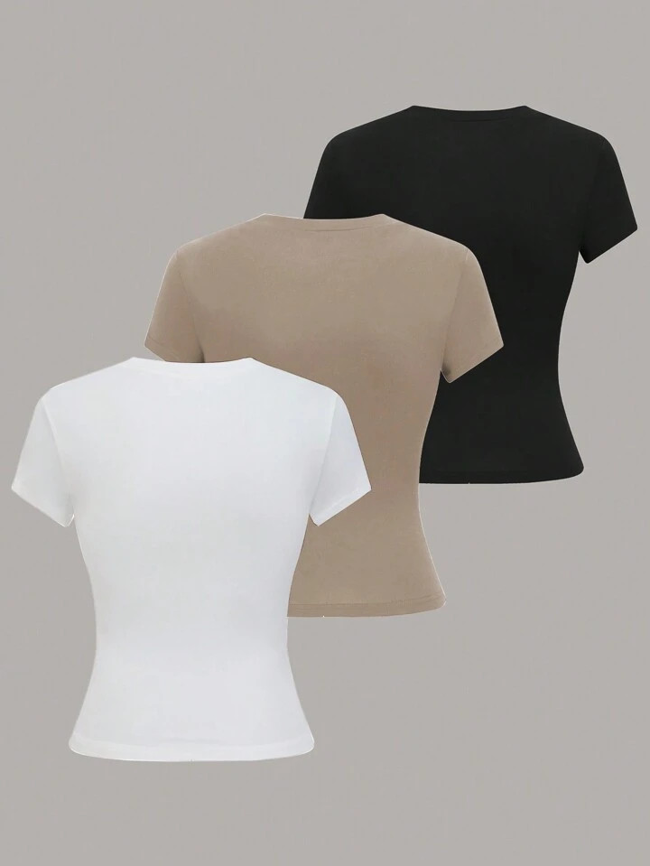 SHEIN LUNE Women's Summer Solid Color Crew Neck Short Sleeve Casual T-Shirt | SHEIN