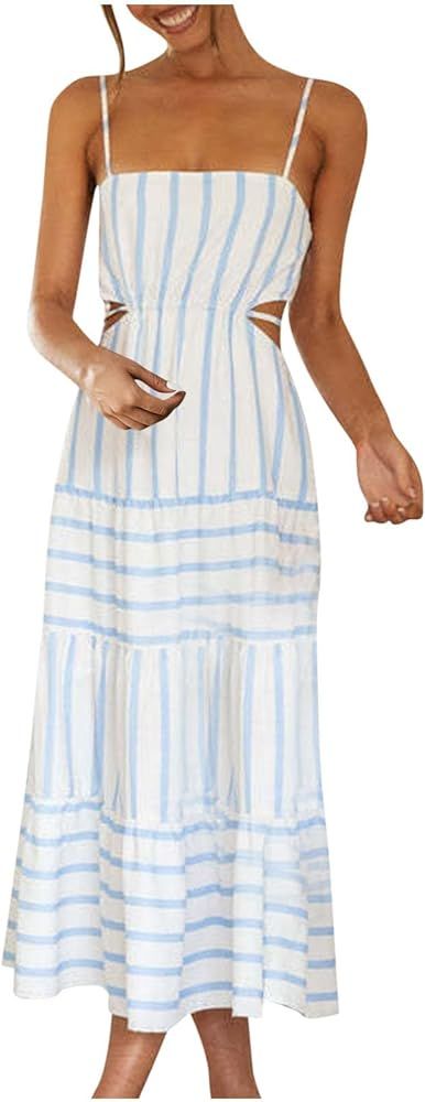 Womens Pleated Flowy Long Dress Belted A-Line Dress Summer Vacation Beach Long Dress Wedding Gues... | Amazon (US)