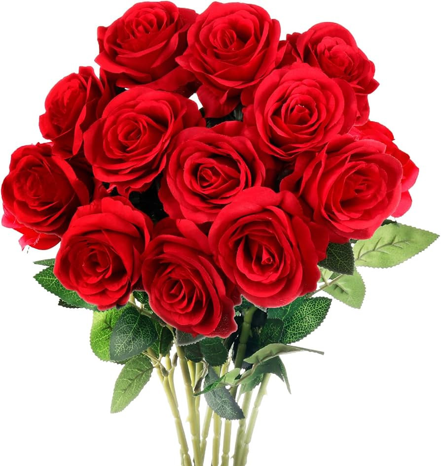 Mocoosy 12PCS Red Roses Artificial Silk Flowers, Fake Roses with Long Stems Realistic Faux Rose B... | Amazon (US)