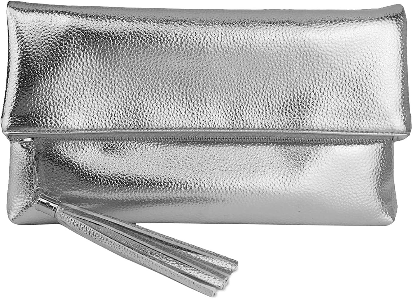 JNB Women's Cracked Metallic Fabric Foldover Clutch with Tassel | Amazon (US)