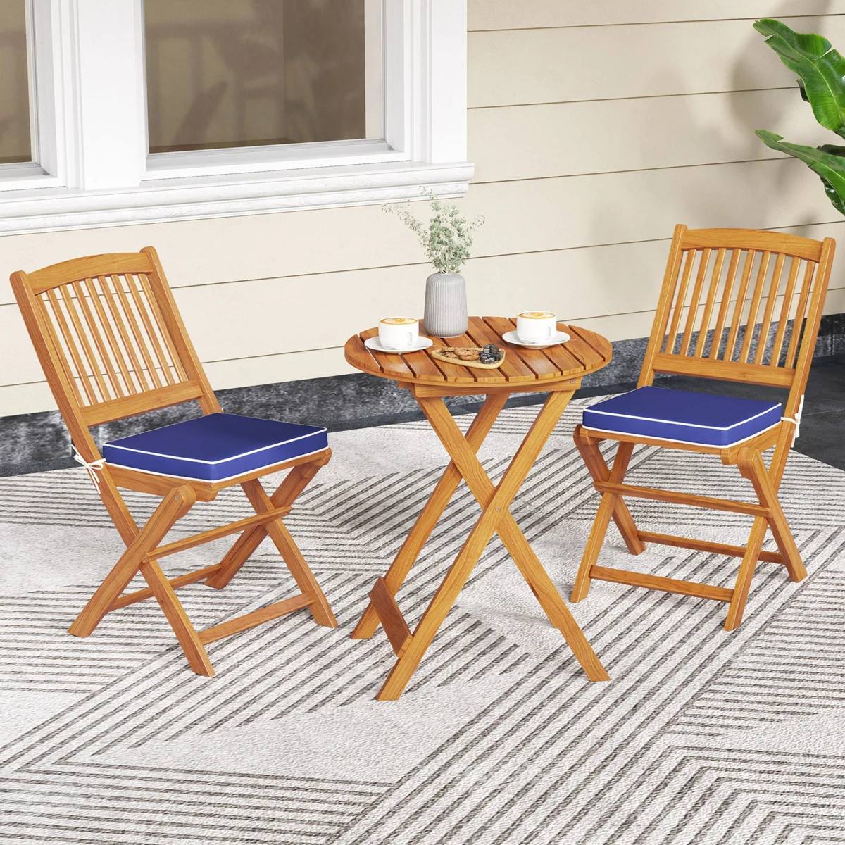 3-Piece Folding Acacia Wood Patio Bistro Set with Cushions | Wayfair North America