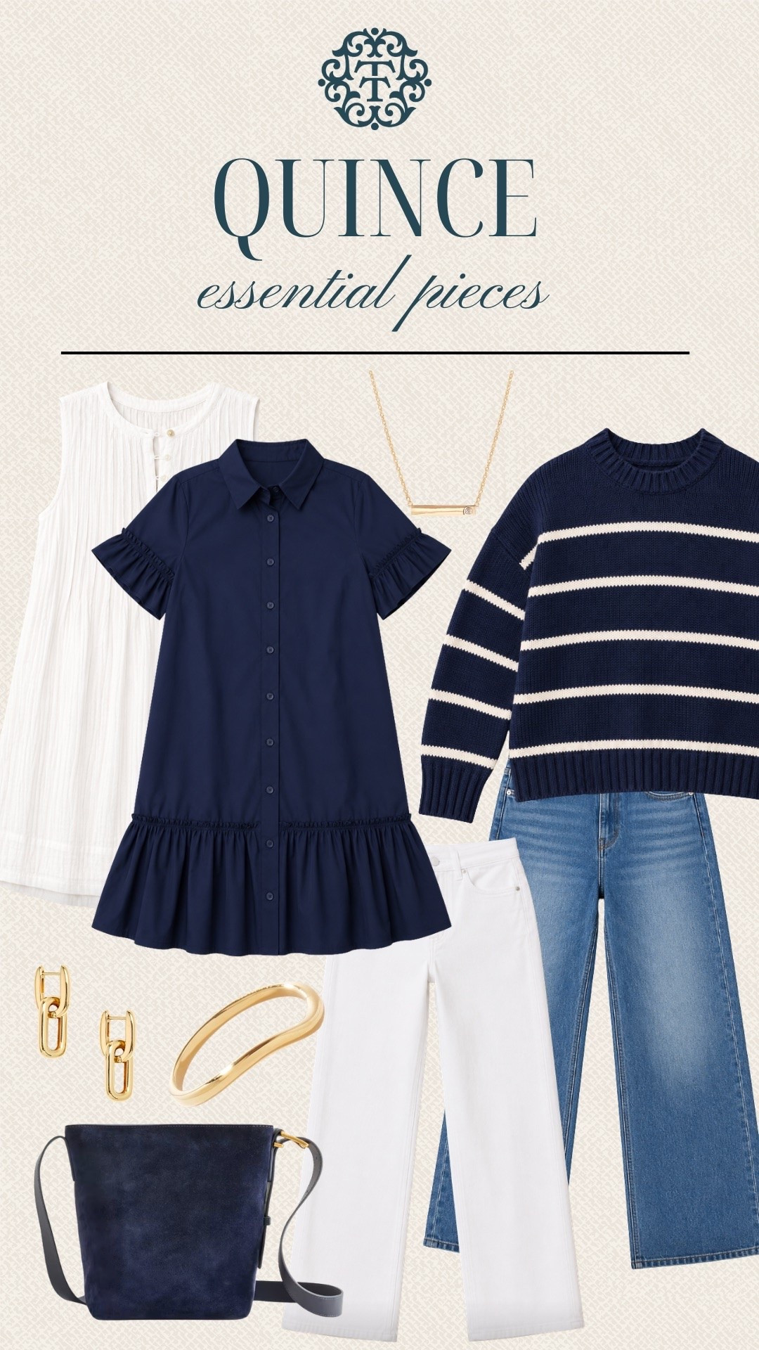 Quince has some really pretty everyday pieces, and we love the mix of navy, white, and denim in this lineup. The ruffle sleeve dress, striped sweater, white jeans, and gold jewelry can all be worn in so many different ways. These are pieces we can reach for when we want something simple but still cute.

#LTKSeasonal #LTKOver40 #LTKMidsize