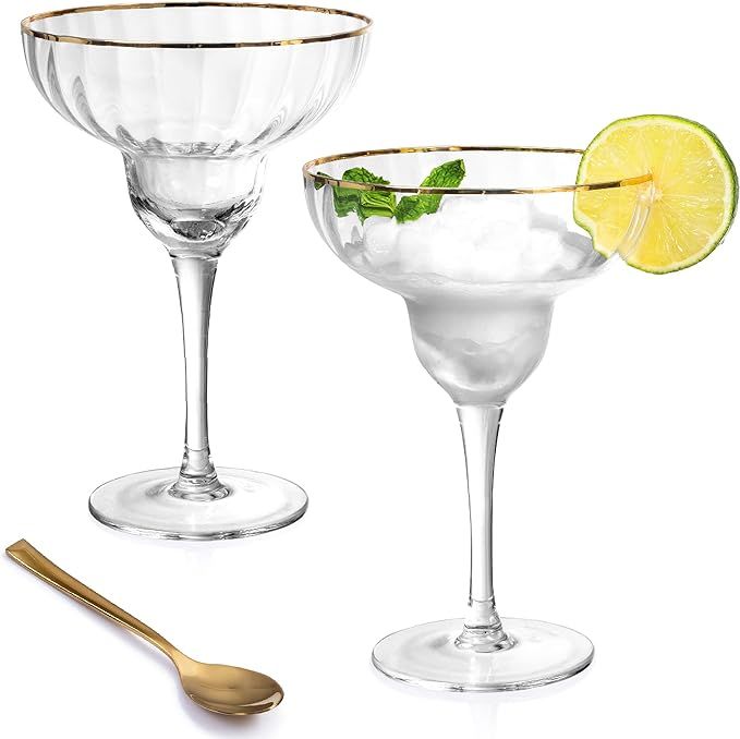 Amazon.com | Hand Blown Margarita Glasses - 24K Gold Rim - Set of 2 Margarita & Martini 12 Oz Cla... | Amazon (US)