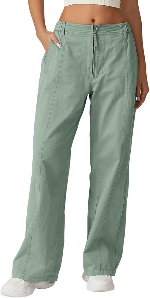 QINSEN Womens Zip Front Wide Leg Long Pants High Waist Causal Cargo Pants Cotton Pocket Palazzo P... | Amazon (US)