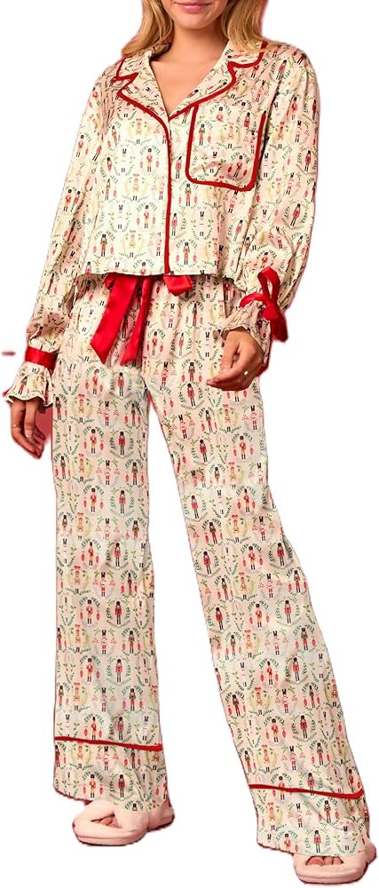Argeousgor Christmas Pajamas for Women Bow Tie Long Sleeve Shirt Pants Satin Silk Funny Graphic 2... | Amazon (US)