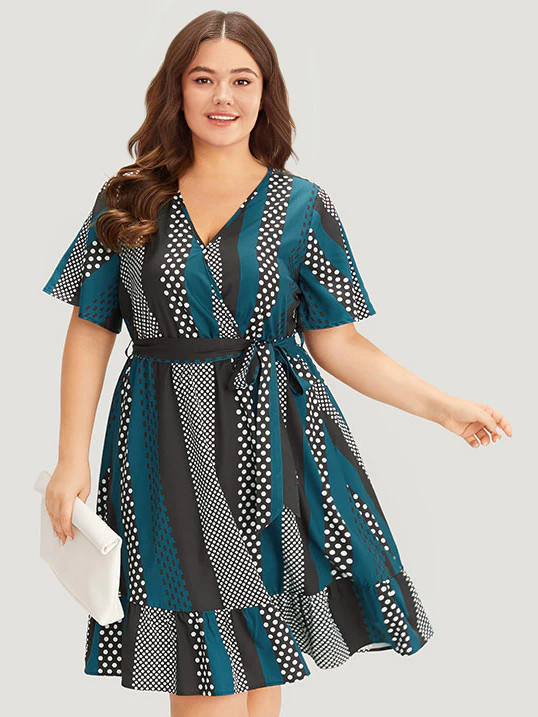 Striped & Polka Dot Graphic Pocket Ruffle Wrap Dress | Bloomchic