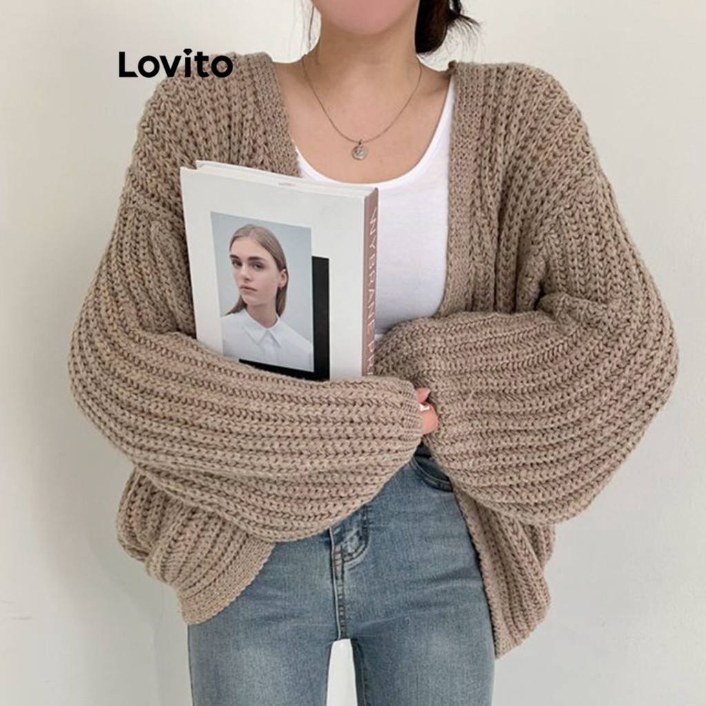 Lovito Cardigan Básico Liso Casual Para Mulheres LNA29158 (Cáqui/Cinza/Branco Off) | Shopee (BR)