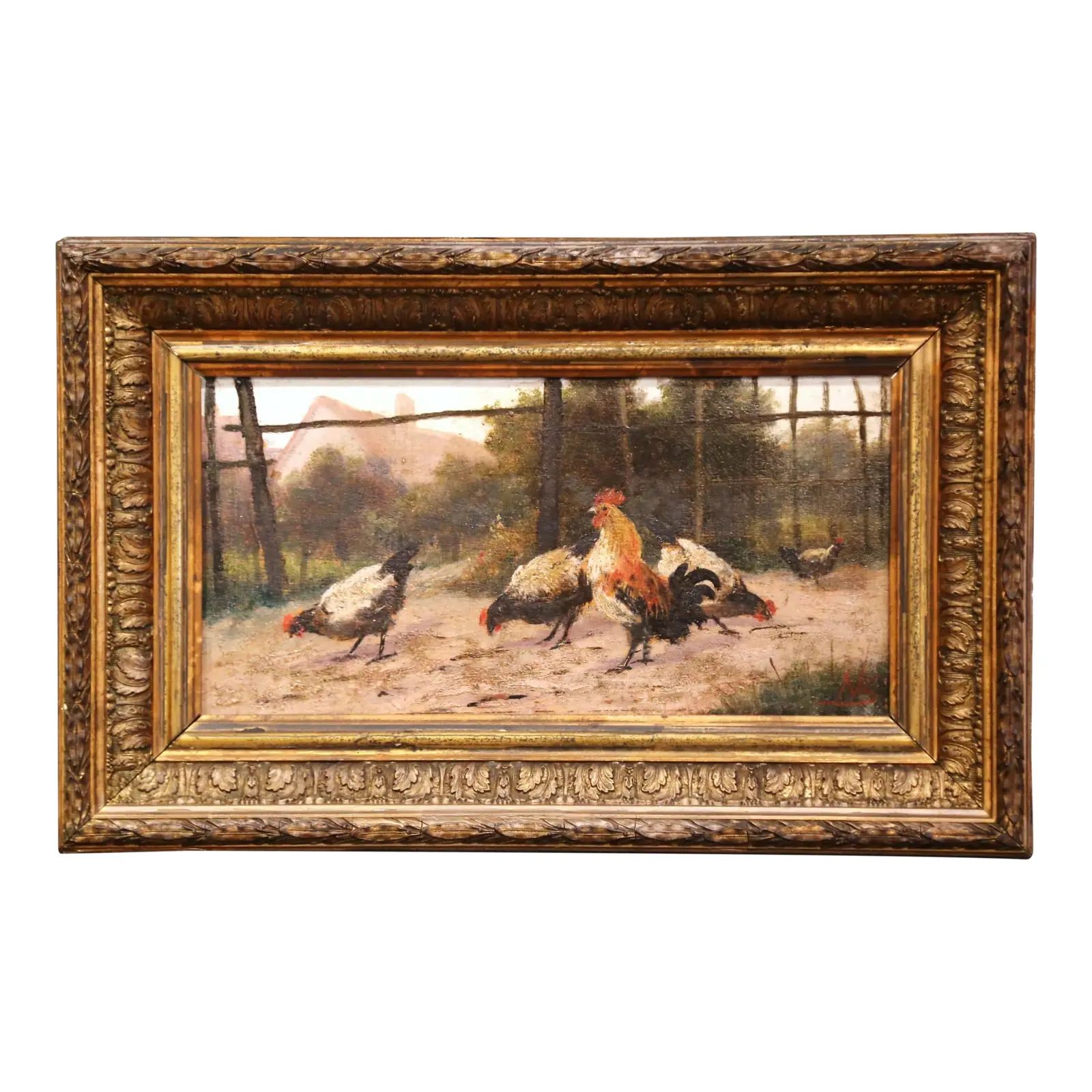 Mid-19th Century French Oil on Board Chicken Painting in Carved Gilt Frame | Chairish