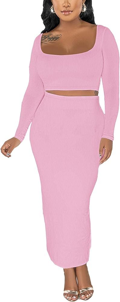 MOEENCN Skirt Sets Women 2 Piece Outfits Sexy Bodycon Tank Square Neck Ribbed Sexy Two Piece Outf... | Amazon (US)