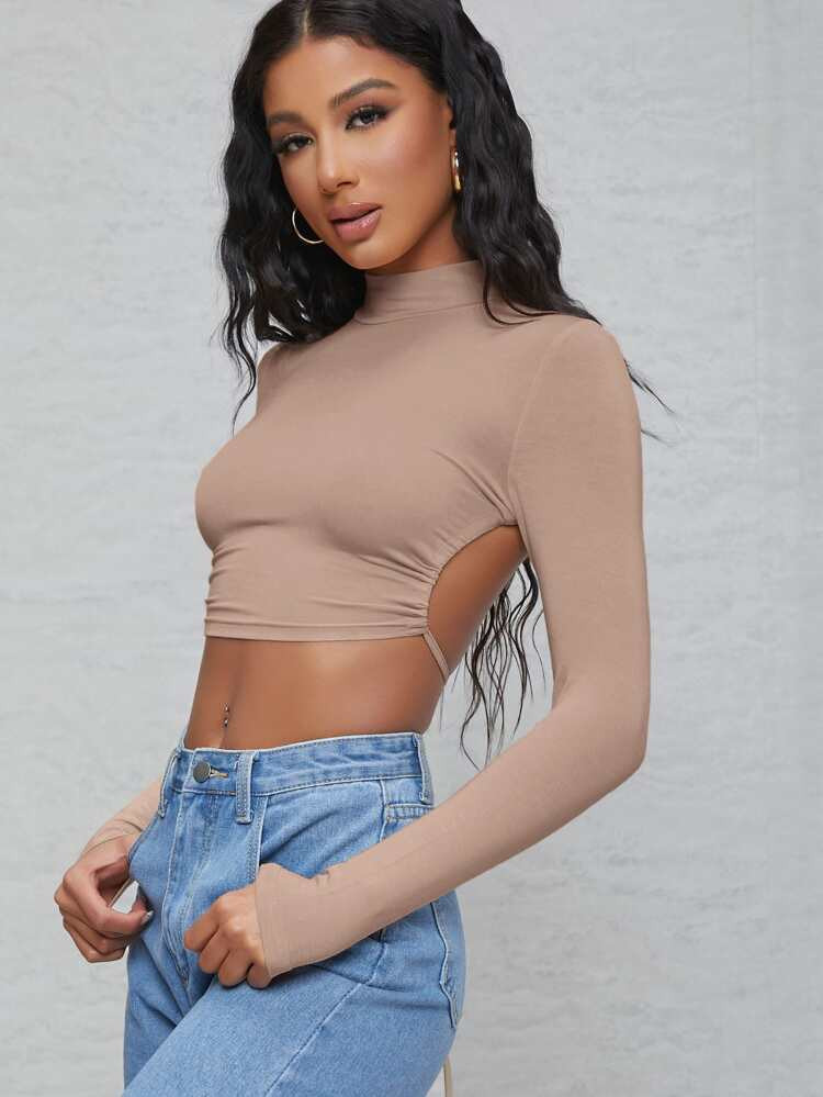 SHEIN BAE Mock-Neck Tied Backless Crop Top | SHEIN