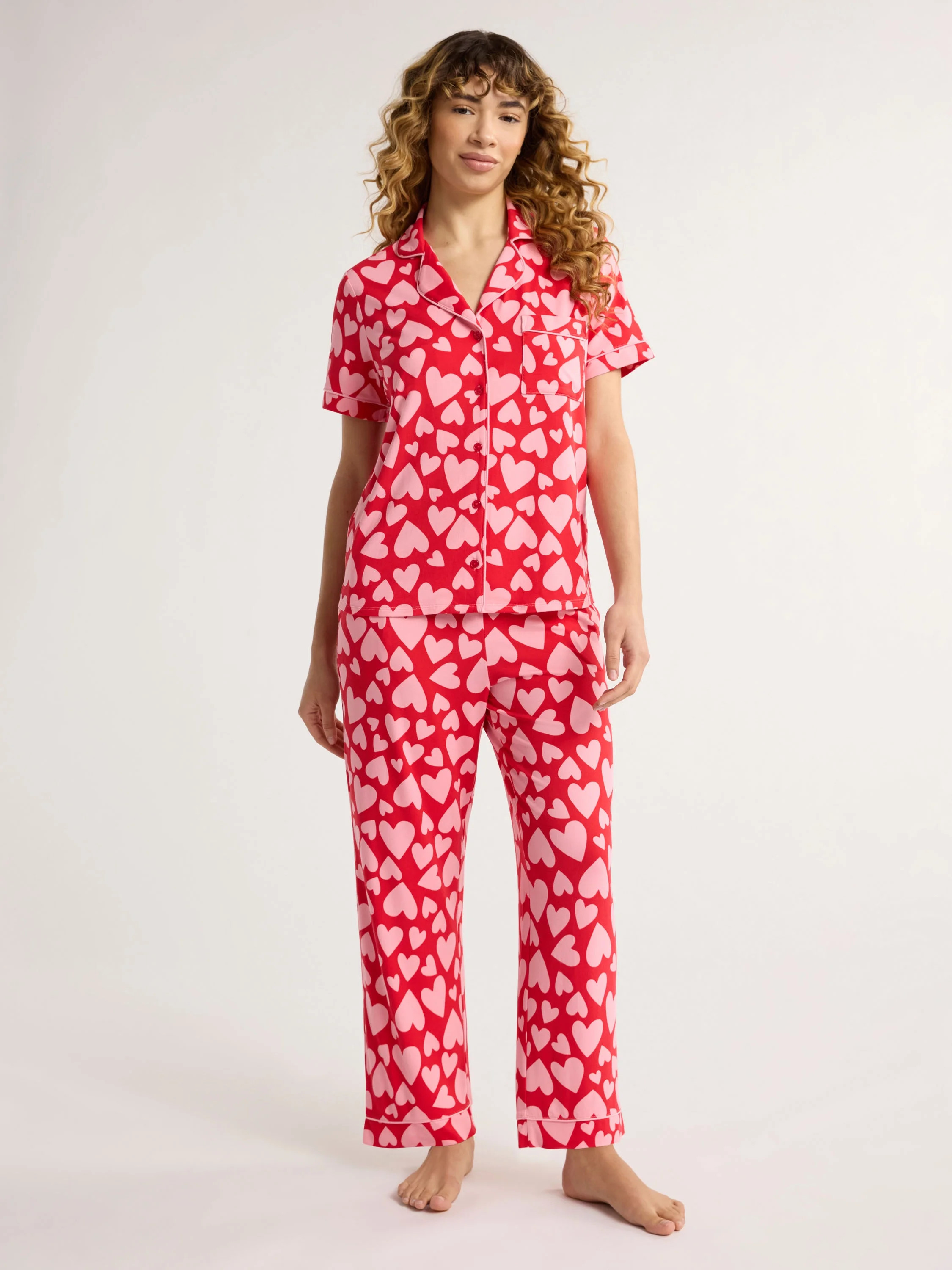 Joyspun Women's Short Sleeve Notch Collar Knit Top & Capri Pajama Set, 2-Piece, Sizes XS-3X - Wal... | Walmart (US)