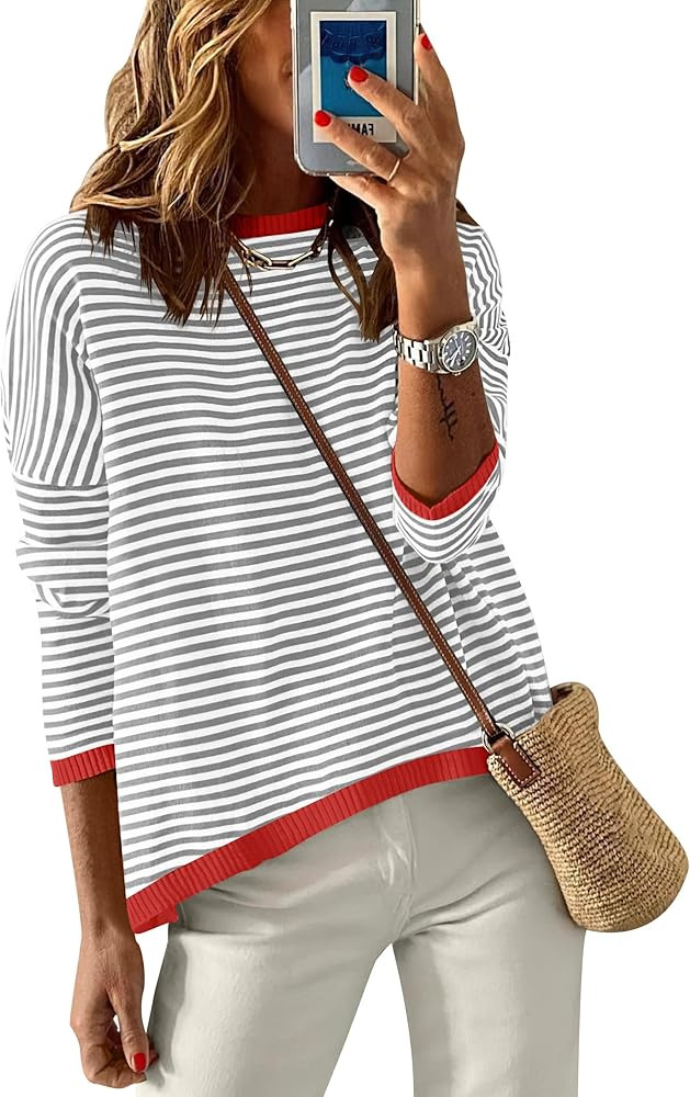 ANRABESS Womens Striped Sweaters Long Sleeve Top Crewneck Color Block Casual Loose Knitted Pullov... | Amazon (US)