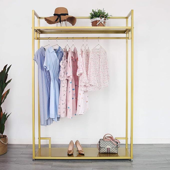 HOMEKAYT Gold Clothing Rack Full Metal Garment Rack with 2-Tier Shelf, Modern Display Rack for Re... | Amazon (US)