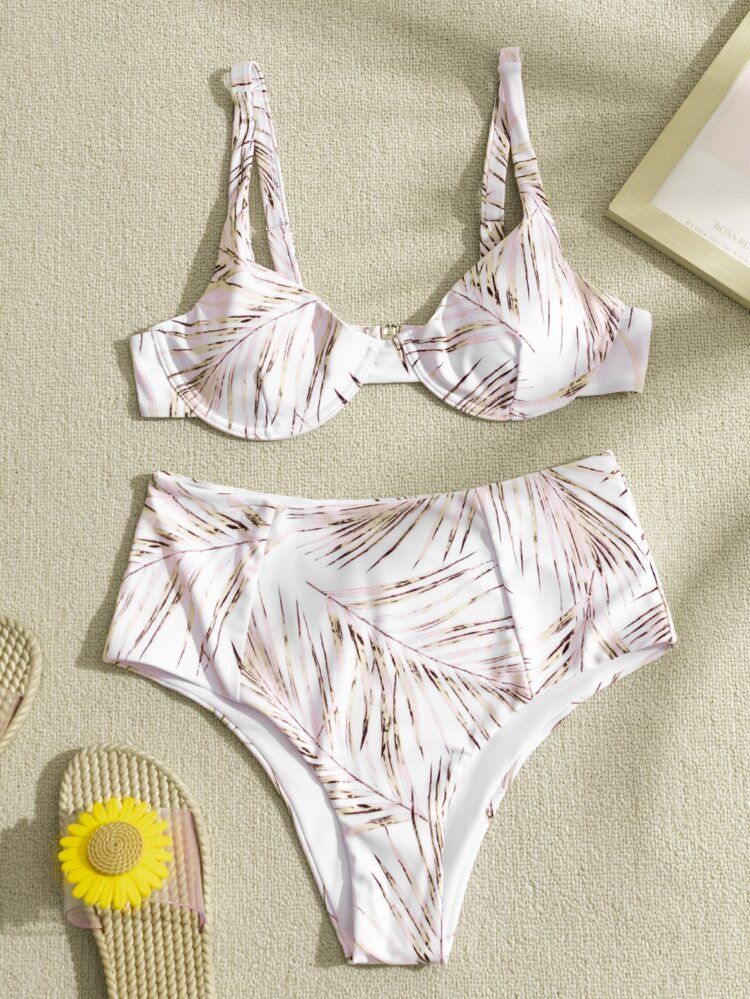 Leaf Print Underwire High Waisted Bikini Swimsuit | SHEIN