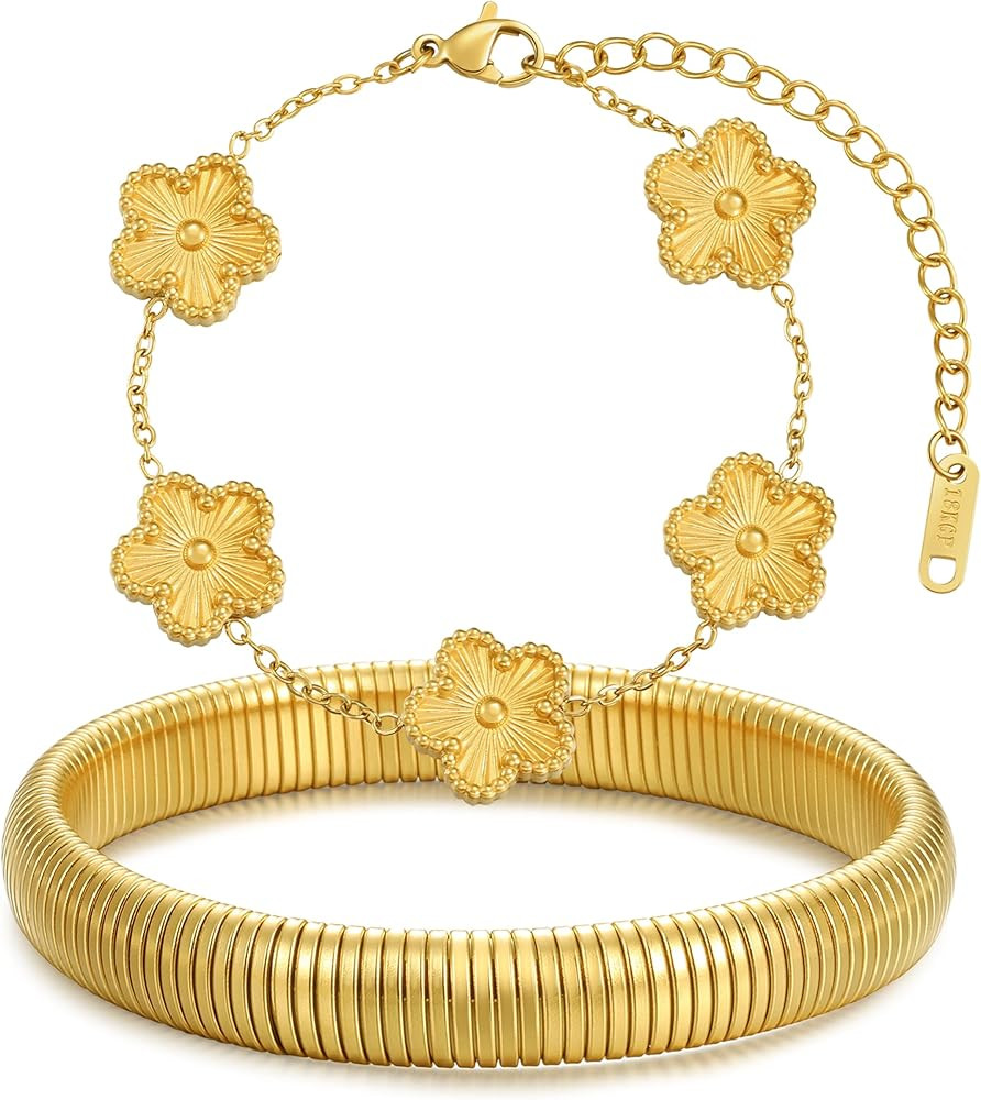 Stackable Four Leaf Clover Bracelets for Women, 18K Gold Plated Bangle Bracelets Set, 2 Pcs Chunk... | Amazon (US)