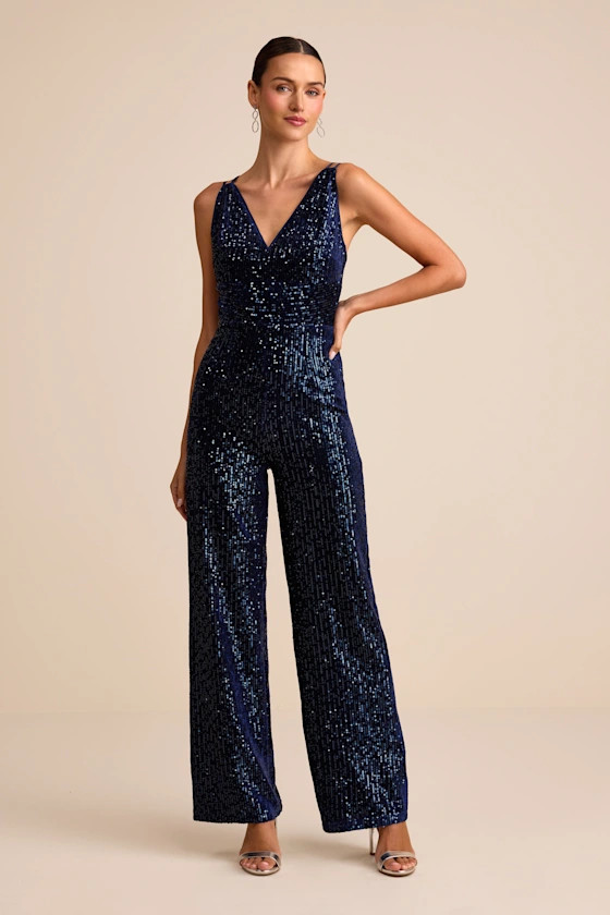 Sensational Energy Navy Velvet Sequin Backless Jumpsuit | Lulus