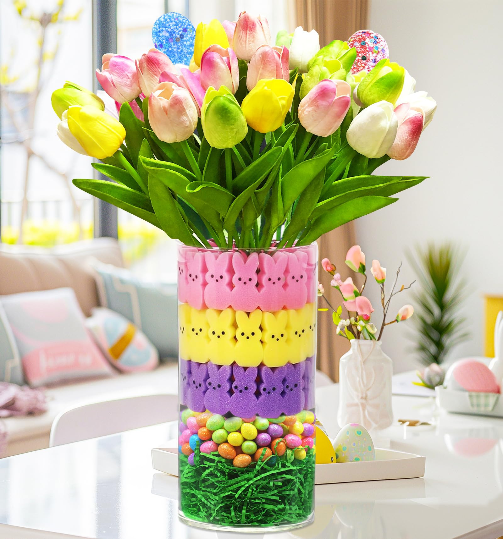 Easter Decorations,Easter Peeps Decor,15 Artificial Tulips with 45 Bunnies Vase Filler Set,Perfec... | Amazon (US)
