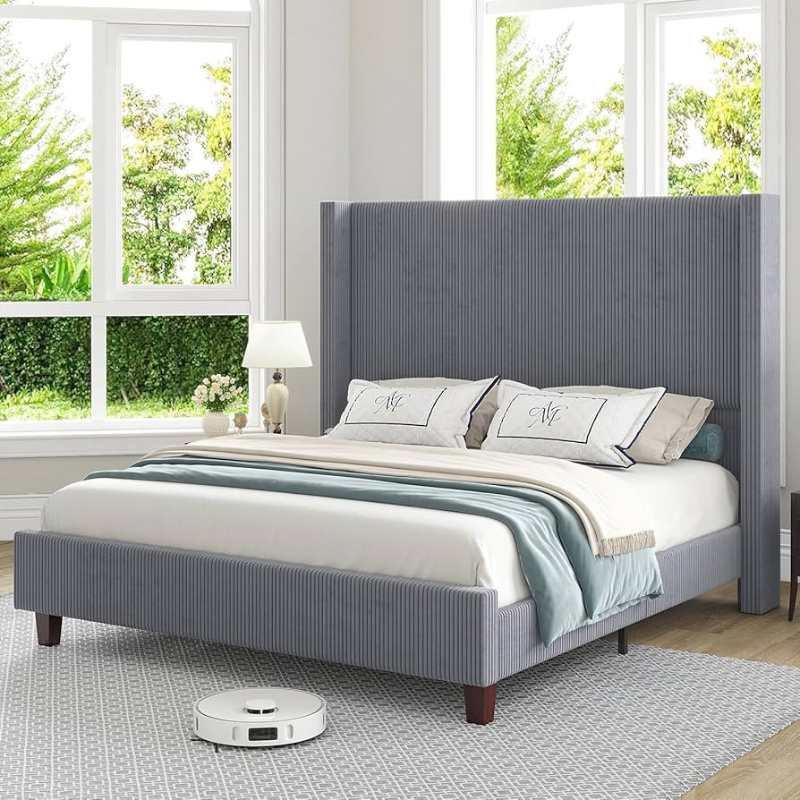 HOWE Queen Size 61" Corduroy Upholstered Bed Frame, Platform Bed with Vertical Stripe Wingback He... | Amazon (US)