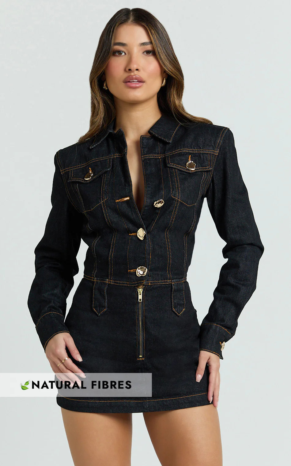Fabia Mini Dress - Denim Hardware Button Front Fitted Shirt Dress in Dark Wash | Showpo (US, UK & Europe)