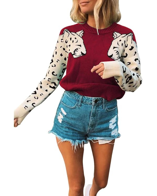 JUNBOON Women’s Casual Leopard Print Knitted Pullover Sweaters Long Sleeve Crew Neck Jumper Top... | Amazon (US)