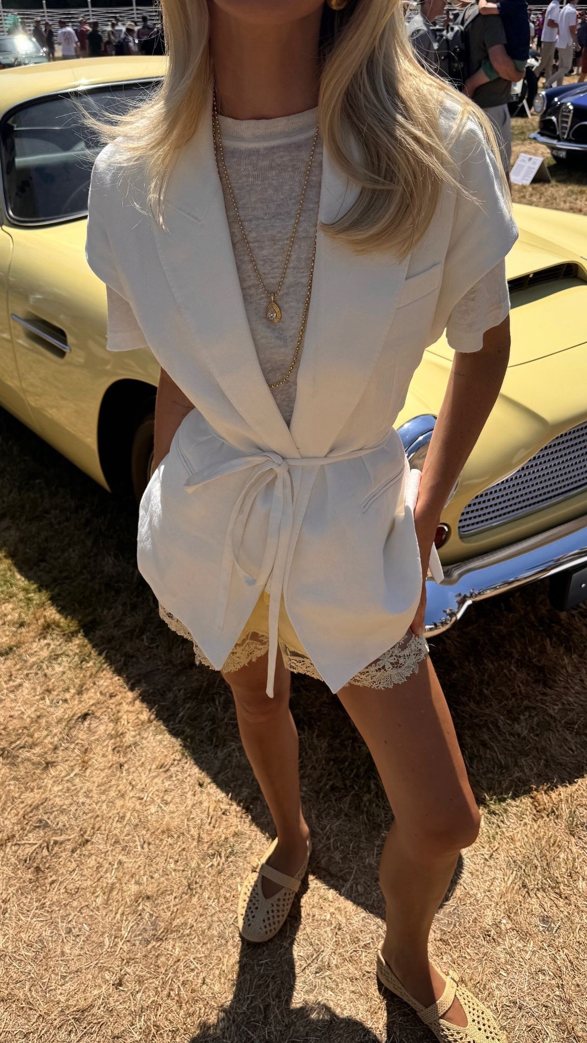 Zara white wrap waistcoat and butter yellow satin lace shorts, Mango grey marl knit t shirt, Steve Maddeb rafia woven ballet flats ✨🤍

#LTKsummer #LTKeurope #LTKstyletip