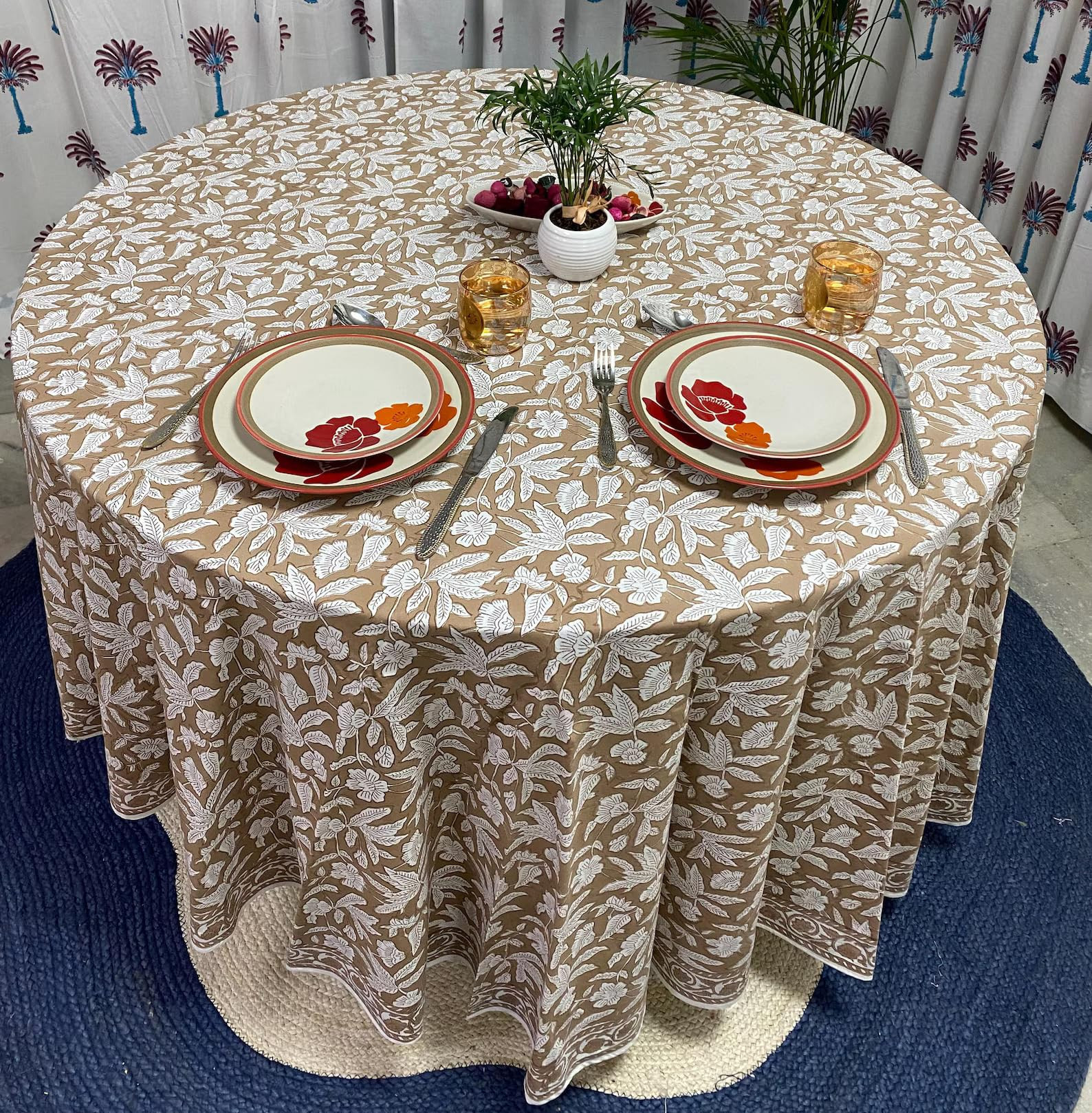 Amazon.com: Ridhi Block Print Round Oak Brown Reusable Tablecloth 100% Cotton 120" Inch Decorative Table Cover eveyday Dining, Home, Party, Wedding, Farmhouse Gift for Spring, Easter, Valentine : Home & Kitchen | Amazon (US)