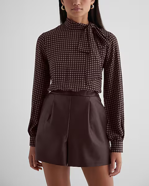 Printed Faux Leather Tie Neck Long Sleeve Romper | Express