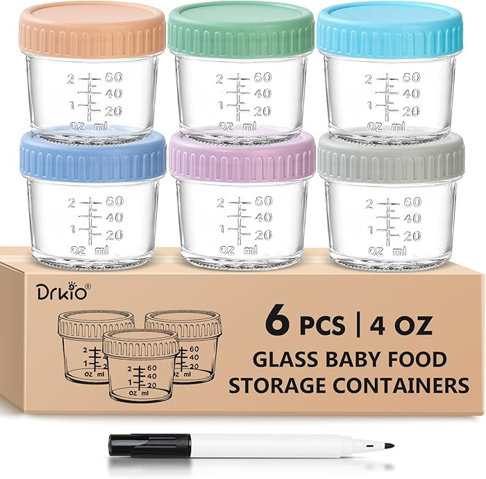 DRKIO 6 Pack Glass Baby Food Storage Containers - 4 Oz Baby Food Jars with Lids Baby Food Maker M... | Amazon (US)