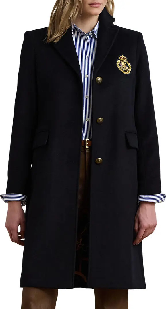 Lauren Ralph Lauren Crest Patch Wool Blend Reefer Coat | Nordstrom | Nordstrom