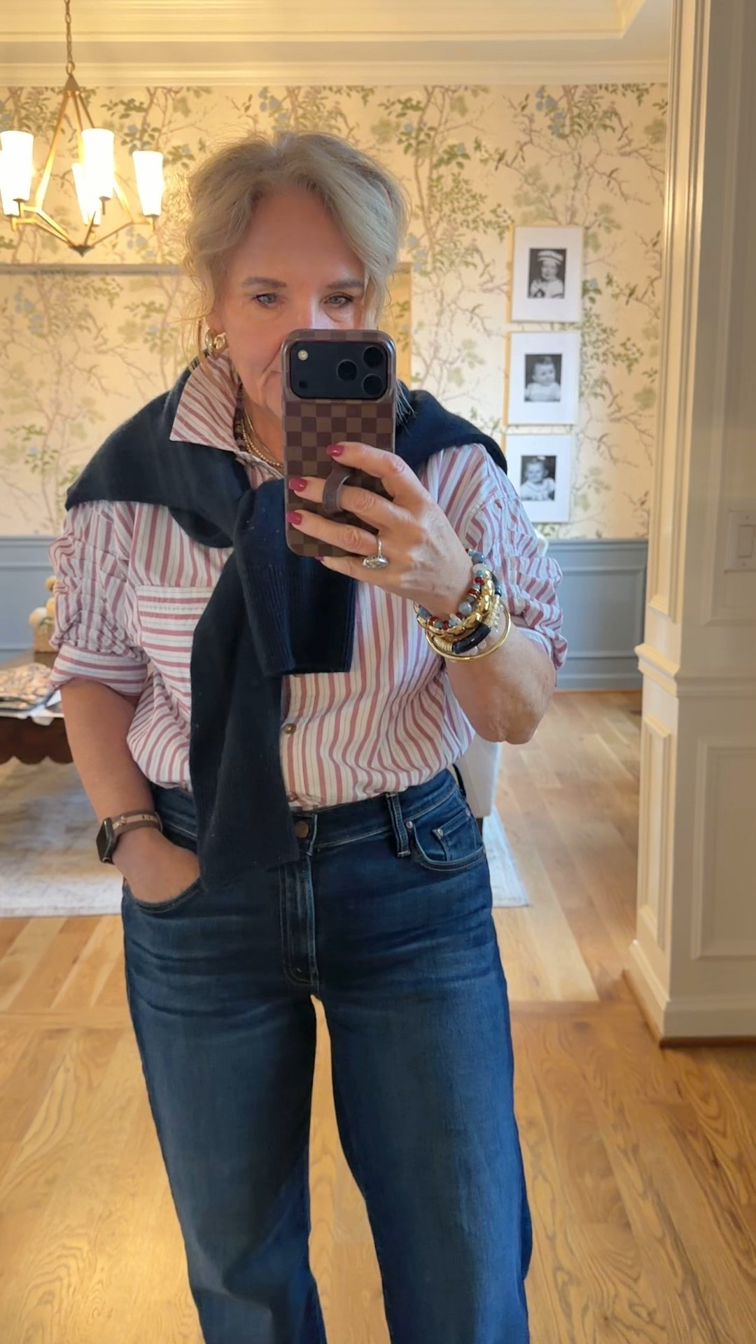 Mother jeans size 29 regular I cut about an inch off the bottom 
Blouse size medium 
Cashmere sweater size medium 
Pink sneakers tts with socks 
40% off my bracelets code HAPPY 

#LTKootd #LTKOver40 #LTKPetite