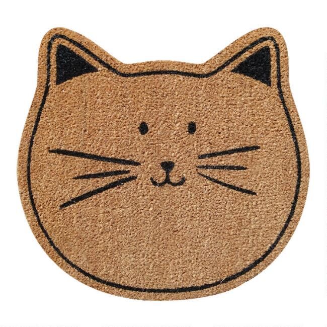 Natural and Black Cat Face Coir Doormat | World Market