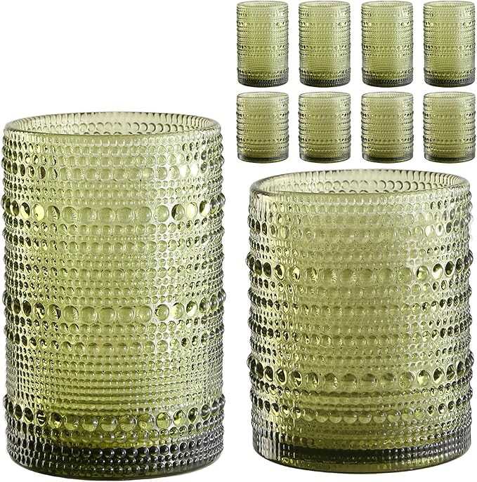 Vintage Hobnail Drinking Glasses Set of 8,Green 12 oz & 15oz Highball Glass Cups, Kitchen Drinkwa... | Amazon (US)