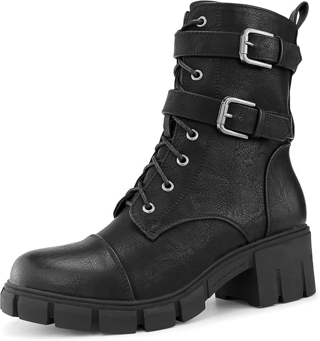 Tobfis Women's Combat Boots Side Zipper Buckle Chunky Heel Ankle Booties | Amazon (US)