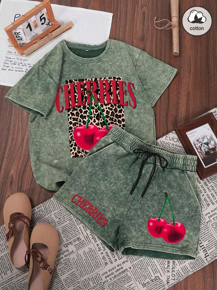 Es Trus Cotton Summer Women's Funny Printed Hiphop "Leopard Cherry Letter" Personalized Graphic S... | SHEIN