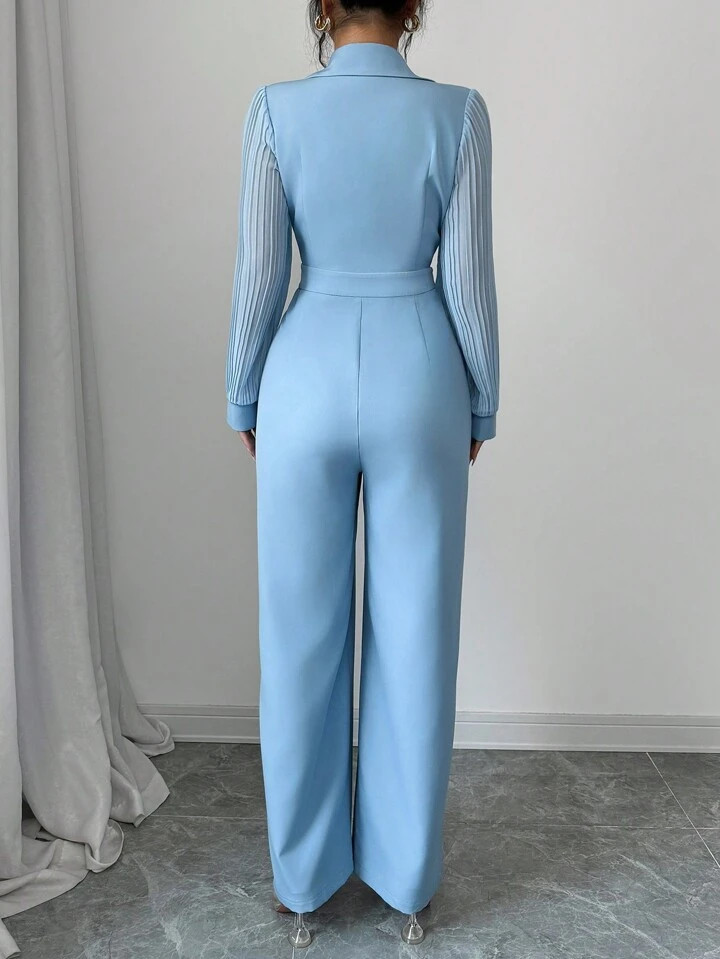 Elegant Solid Color Ruched Waist Lantern Sleeve Jumpsuit For Commute | SHEIN