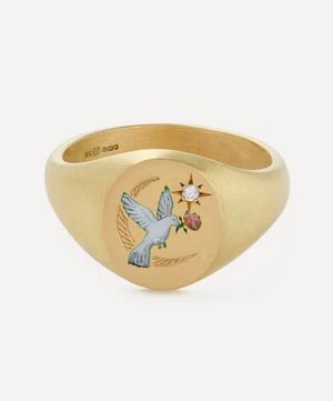 18ct Gold Dove and Rose Diamond Signet Ring | Liberty London (UK)