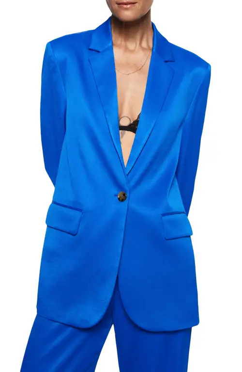 MANGO Flowy Satin Oversize Blazer in Blue at Nordstrom, Size X-Small | Nordstrom