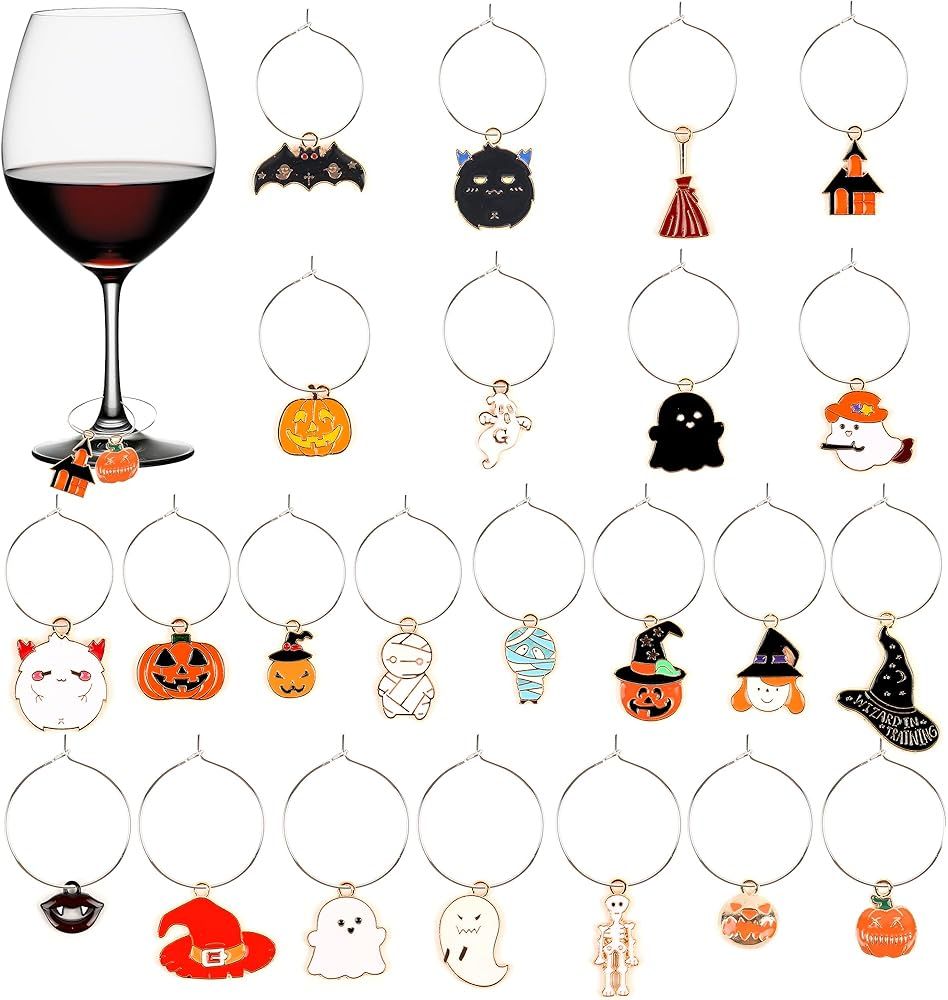 23pcs Halloween Wine Charms Bar Wine Glass Markers Set Ghost Pumpkin Bat Wizard Hat Broomstick Ca... | Amazon (US)