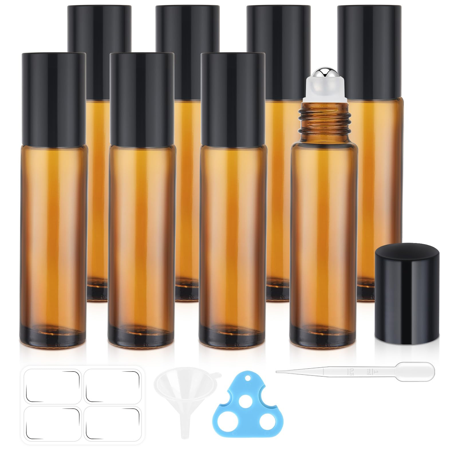 8 Pack Essential Oil Roller Bottles, 10ml Amber Glass Roll on Bottles, Stainless Steel Roller Bal... | Amazon (US)